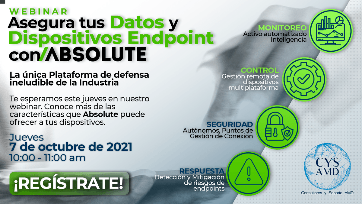 CYS_AMD's tweet photo. No te pierdas nuestro webinar "Asegura tus datos y dispositivos Endpoint con ABSOLUTE". y conoce más características de la plataforma de Absolute. Regístrate aquí: https://t.co/0UlSWN6ilF

#webinargratuito #seguridadinformtica #absolute #cysamd https://t.co/FhNILgN3pG