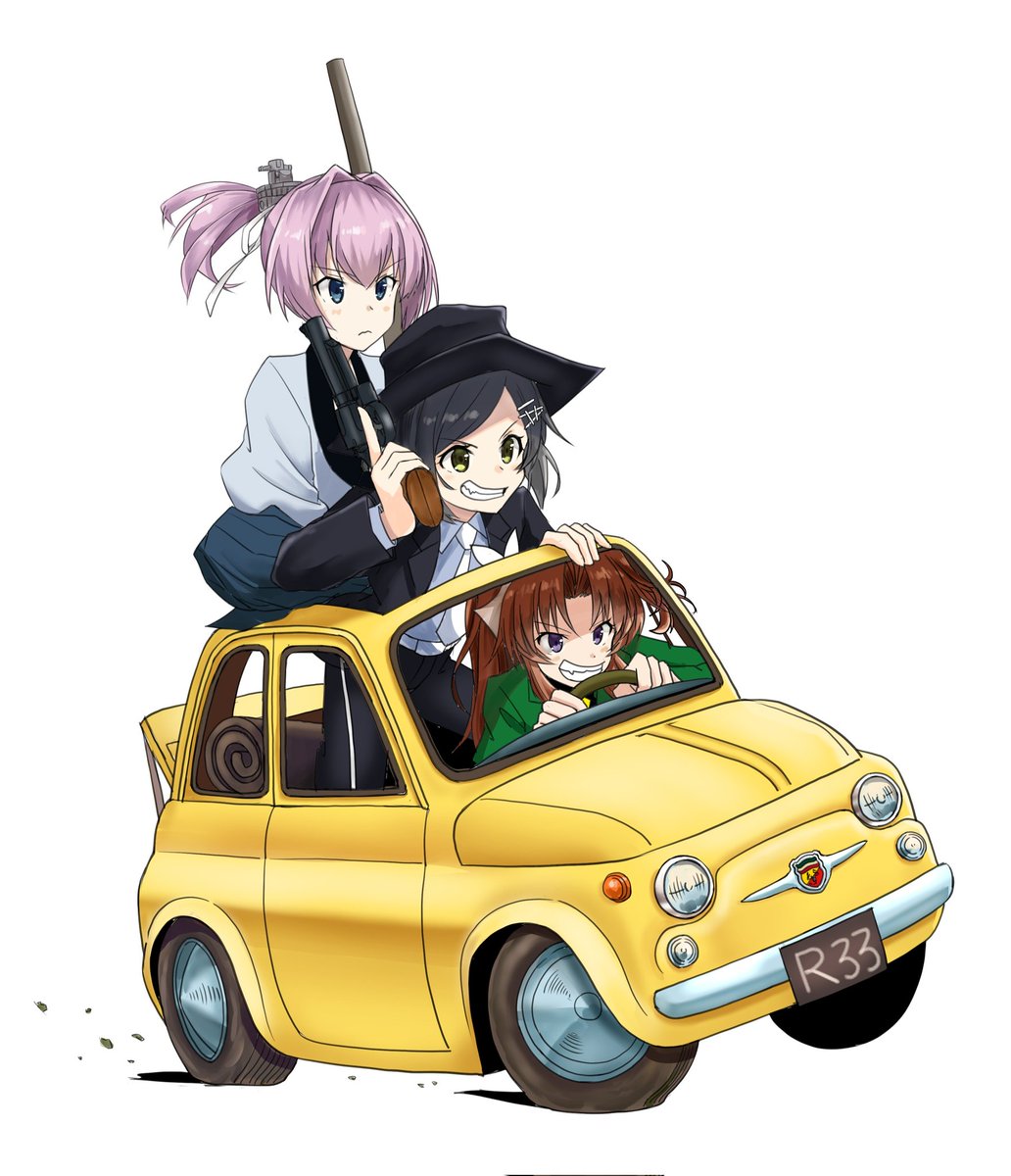 kagerou (kancolle) ,kuroshio (kancolle) ,shiranui (kancolle) multiple girls gun weapon motor vehicle car 3girls ground vehicle  illustration images
