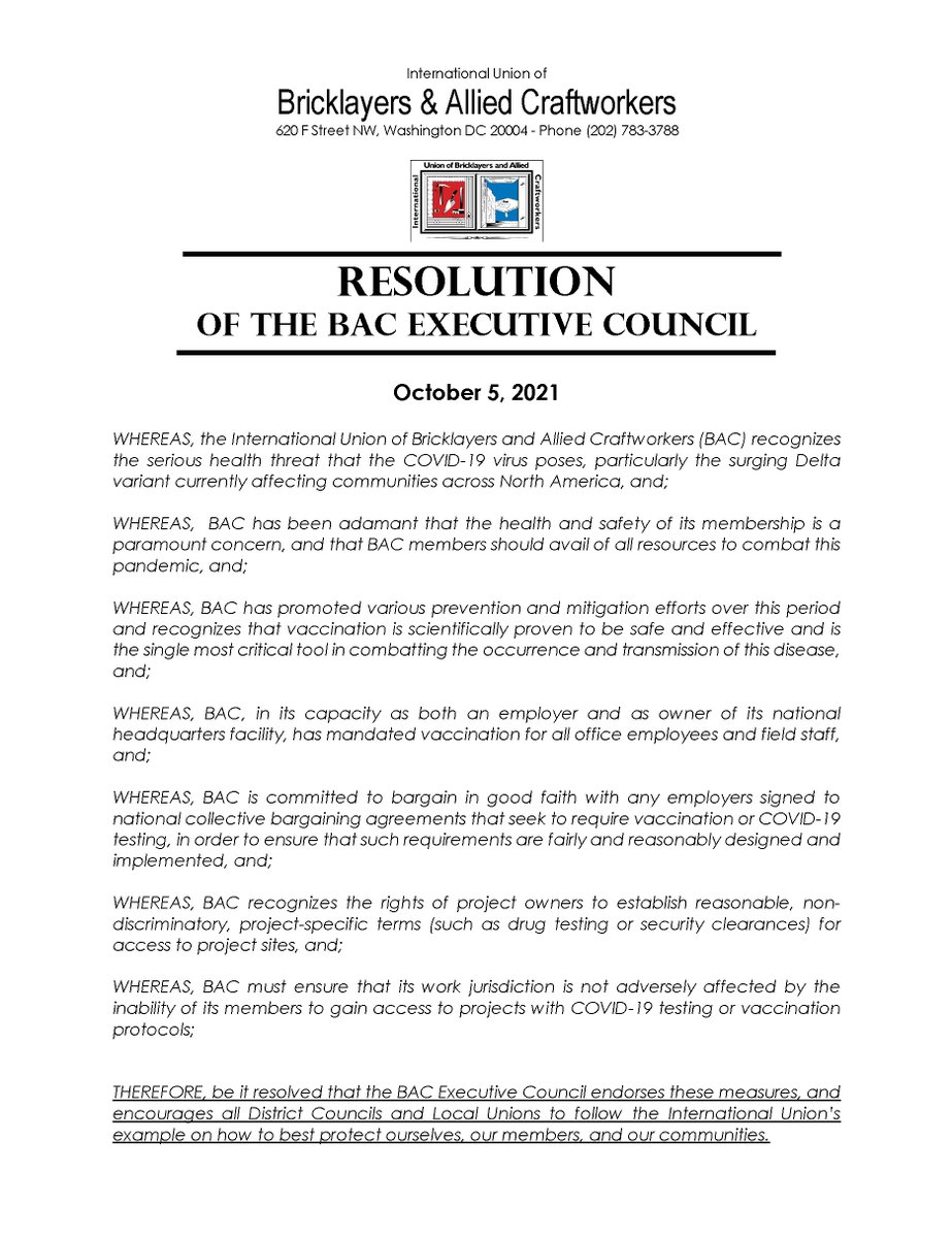 IUBAC's tweet photo. Recognizing the serious health threat that the #Covid19 poses to our communities, the BAC Executive Council today unanimously adopted the COVID-19 Resolution: 
#1u https://t.co/pSnTd9VWNO