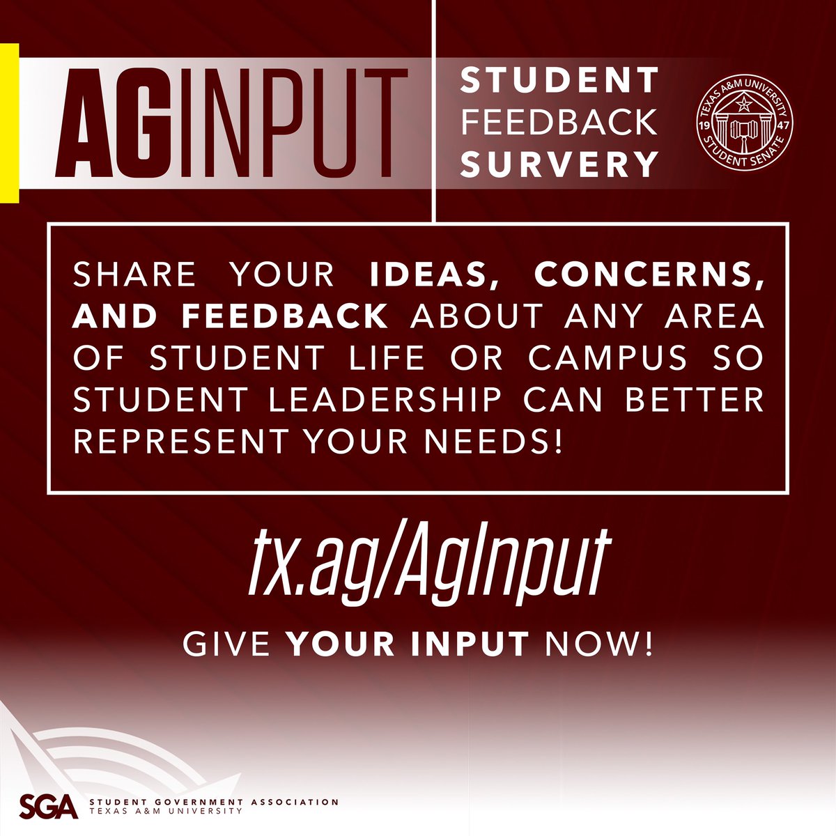 tamu_sga's tweet photo. Thereβs a way for you to let us know what you need! β¨π
Visit the AgInput Form created and managed by @tamu_senate to share any input you have to improve the Aggie Experience!
#TAMUSGA #AgInput https://t.co/PbjoAkmTn1