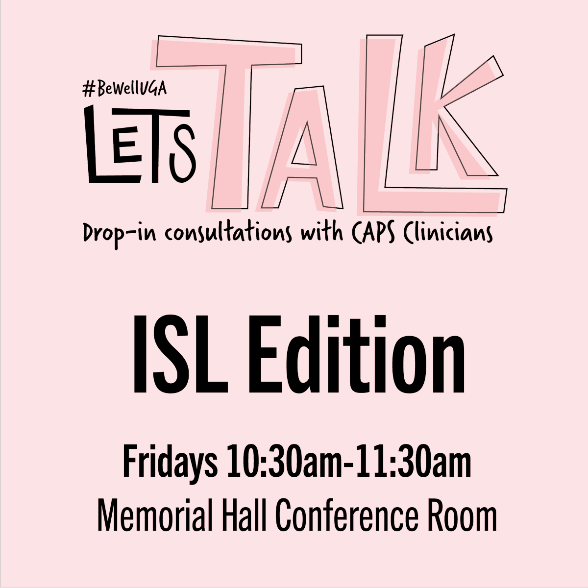 Let’s Talk is a drop-in service hosted by CAPS clinicians that offers virtual, one-on-one, 10-15 minute, informal consultations with UHC CAPS clinicians. Click to see our program options below, and register at the involvement network: uga.campuslabs.com/engage/organiz…