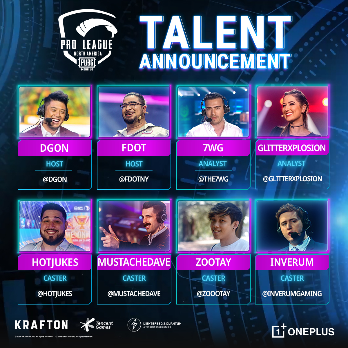 esportspubgmna's tweet photo. MEET THE TALENTS! 📢
They will lead you through every detail of the battles between the best teams of NA during PMPL S2 🔥
Hosts: @dGon & @fdotny
Analysts: @The7WG & @GlitterXplosion
Casters: @hotjukes , @mustachedave, @ZoooTay & @InVerumGaming
#PUBGMOBILE #PMPL #PMPLNA https://t.co/lCWiBfpbaO