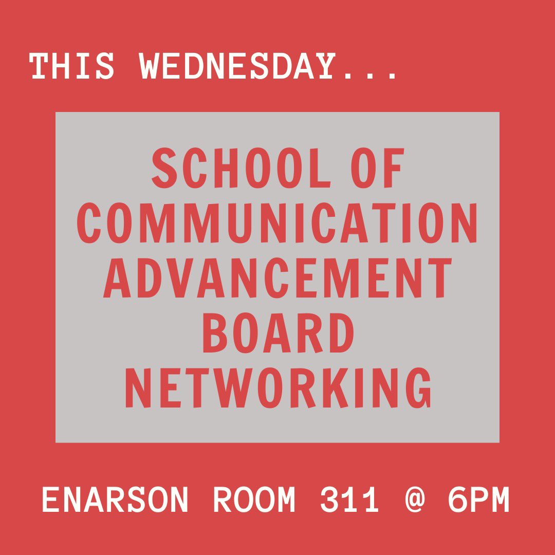🗣🚨MEETING ALERT🚨🗣

Join us TOMORROW (Wednesday, 10/6) at 6 p.m. in Enarson 311 to network the School of Communications Advancement Board! The board is full of professionals who are highly experienced and well-established in the field. Don’t miss out! 🤩

#prssa