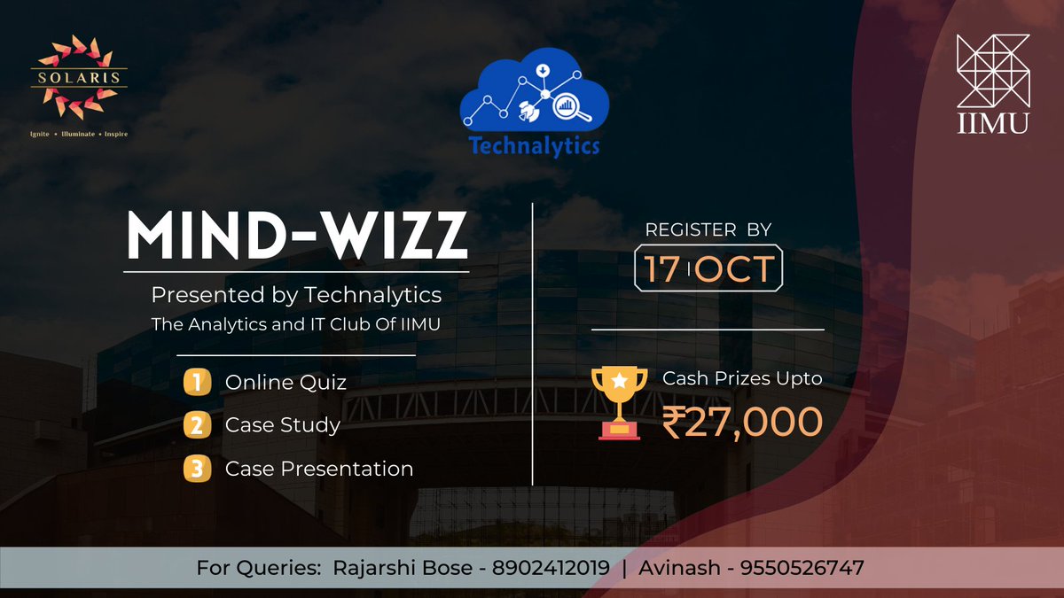 SolarisIIMU's tweet photo. A Tangram 4.0 eligible event, for you to test your understanding in Aptitude, Analytics and Technology.
Visit Solaris 2021 on Dare2Compete and register.
#Solaris #Solaris2021 #IIMU #ManagementFest #CaseStudy #Quiz #Technalytics #Technology #SynchronizingHorizons #Competitions https://t.co/e1hqNF7SzZ