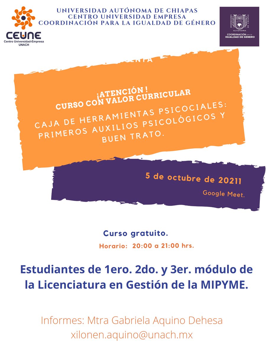 MIPyME_UNACH's tweet photo. Eres alumno del 1°, 2° ó 3° ¡Recuerda, hoy es el curso!
Valor curricular

CAJA DE HERRAMIENTAS PSICOSOCIALES: Primeros Auxilios Psicológicos y Buen Trato.

Martes, 5 de octubre · 8:00 – 9:00pm

Informes: Mtra. Gabriela Aquino Dehesa
xilonen.aquino@unach.mx https://t.co/fx4E9ehNpU