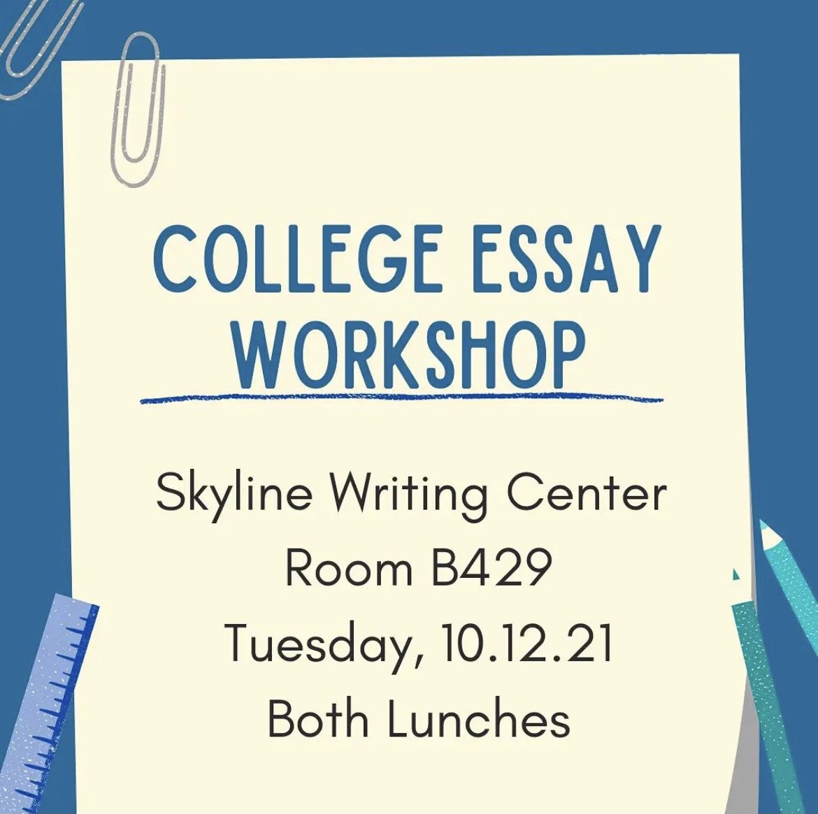 🎉 Join us for our college essay workshop on October 12! 🎉

We’ll be helping with reducing word count, coming up with ideas, and improving organization.

Hope to see you there!