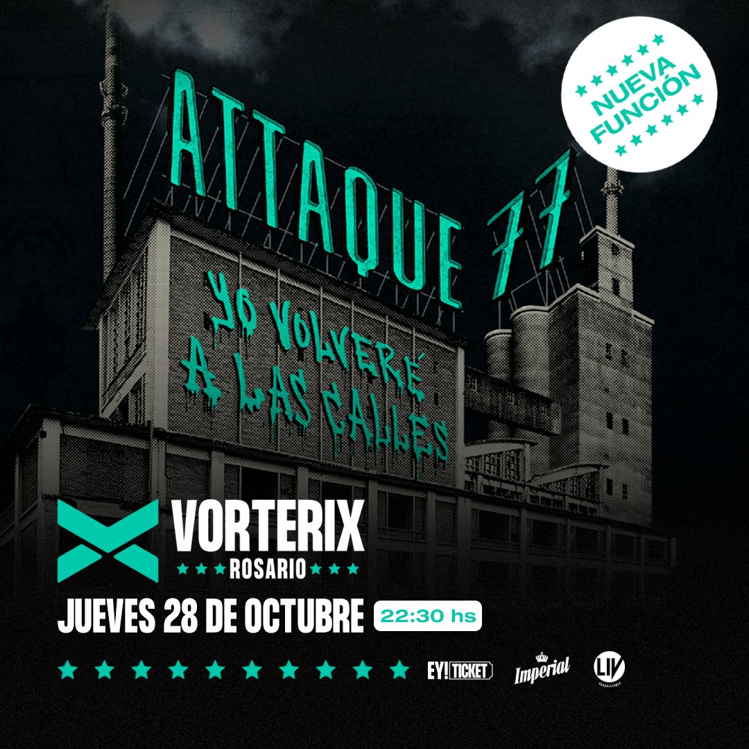 attaque77ok's tweet image. Por localidades agotadas para el show en @RosarioVorterix, sumamos nueva función 🤘

📆 28/10
⏰ 22.30hs
🎟️Entradas: bit.ly/AttaqueEnRosar…

¡Ahí nos vemos!