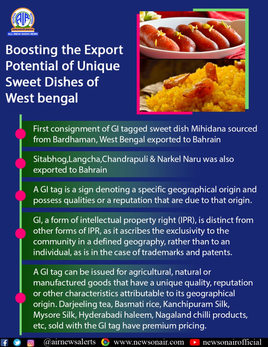 Sitabhog,
Langcha, 
Chandrapuli,
Narkel Naru 
And Now 
#Mihidana : 

To boost export potential of indigenous &amp; #GI tagged products, a consignment consisting of unique sweet dishes from West Bengal have been exported :