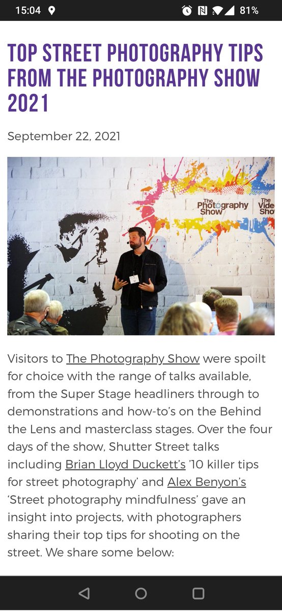 Thanks to <a href="/AP_Magazine/">Amateur Photographer</a> for the mention about my Street Photography Mindfulness talk at the <a href="/ukphotoshow/">The Photography & Video Show</a> last month.

amateurphotographer.co.uk/latest/photo-n…

#Mindfulness #Therapy #Depression #MentalHealthAwareness #MentalHealthMatters @sonyalpha <a href="/SonyUK/">Sony UK & Ireland</a> <a href="/markbaberphoto/">BaberPhoto</a> <a href="/MindCharity/">Mind</a>