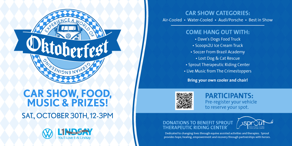 Join us for our 9th Annual Lindsay VW Oktoberfest! If you are a VW or Audi owner and enthusiast with a vehicle you'd like to display at the event, you can enter as a contestant in the car show.
To enter, sign up here 👉bit.ly/3uVwzn3