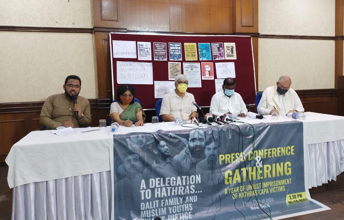 CampusFrontInd's tweet photo. Dalit family and Muslim youths awaits justice, on the occasion of a year of Unjust imprisonment false UAPA against Campus Front leaders and other activists. Public Gathering was held at Press Club of India, New Delhi by family and colleagues of political prisoners https://t.co/0nT36HBkGR
