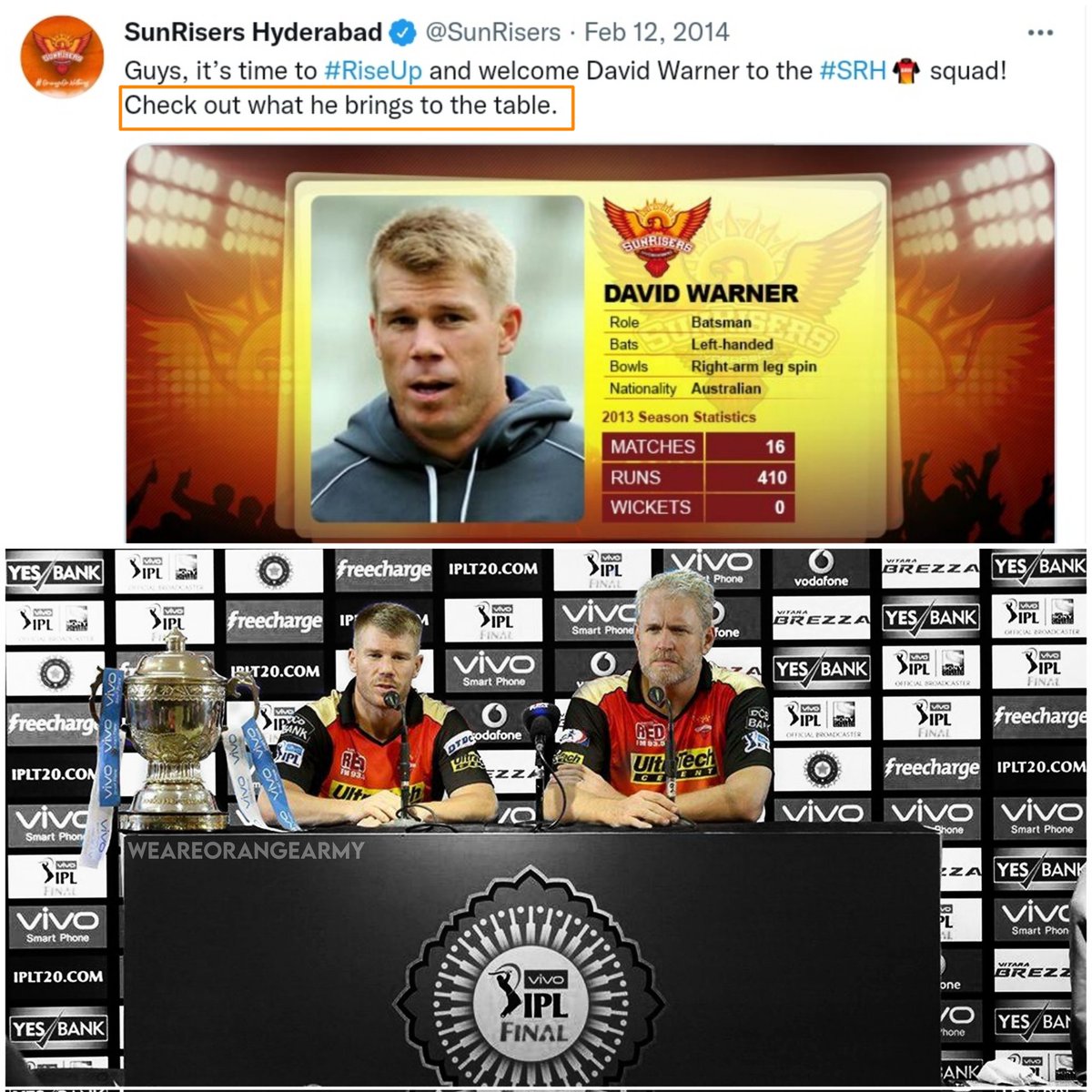 weareorangearmy's tweet photo. #BringBackWarner

What he brings to the table??
He brings a trophy 🏆 remains for a long long time for every srh fan @SunRisers 

WE WANT WARNER IN PLAYING XI https://t.co/0giHelWT2M