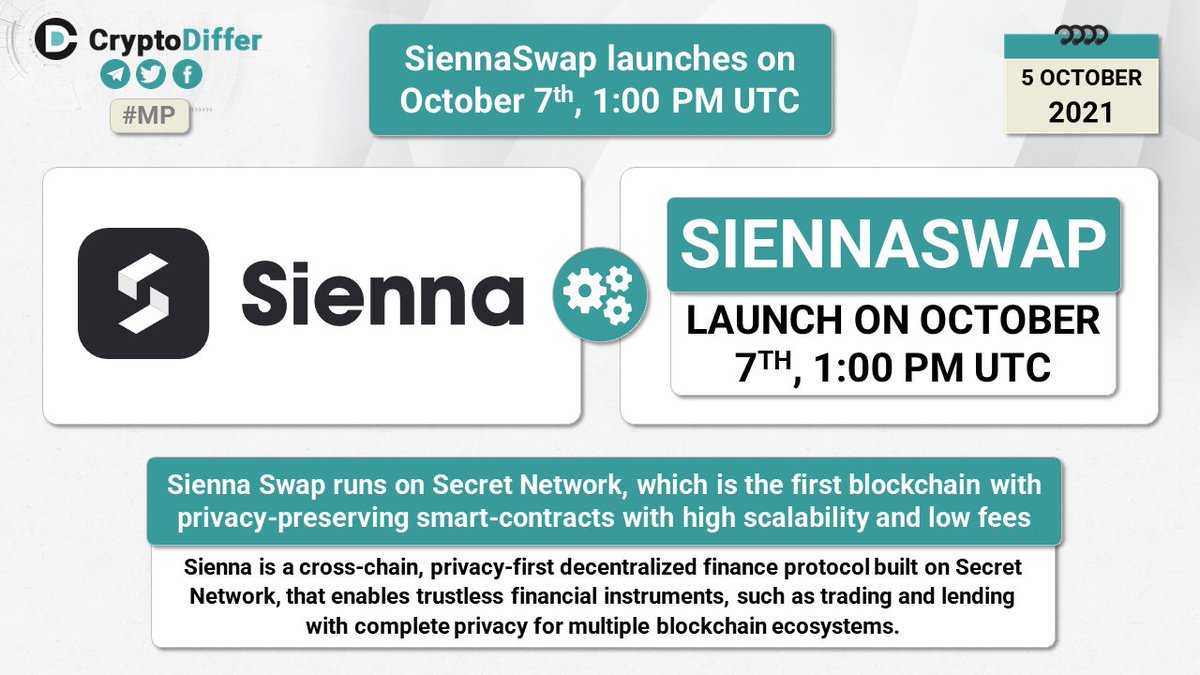SiennaSwap launches on October 7th, 1:00 PM UTC

Sienna Swap runs on <a href="/SecretNetwork/">Secret Network</a>, which is the first blockchain with privacy-preserving smart-contracts with high scalability and low fees.

👉 x.com/sienna_network…