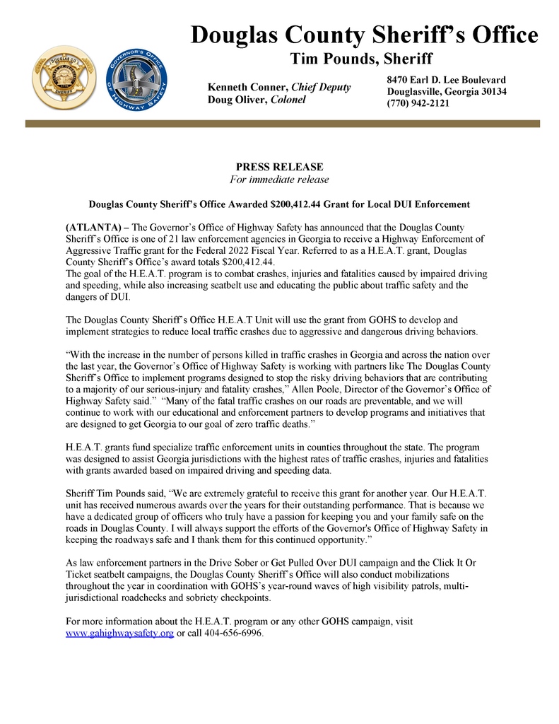 DCSheriffGA's tweet photo. Douglas County Sheriff’s Office Awarded $200,412.44 Grant for Local DUI Enforcement. #heatunit #protectandserve #dcso https://t.co/Vy2bKP2MFa