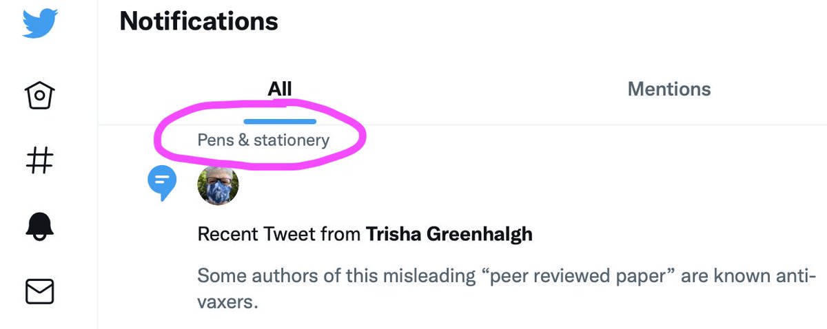 MacManDevon's tweet image. When @trishgreenhalgh (Prof of Primary Care, Oxford) tweets about a misleading “peer reviewed paper” and this gets tagged in my #twitter notifications under &quot;Pens &amp;amp; Stationary&quot;, god help us when we need #AI to tackle real problems, like a pandemic. It&apos;s artificial stupidity.
