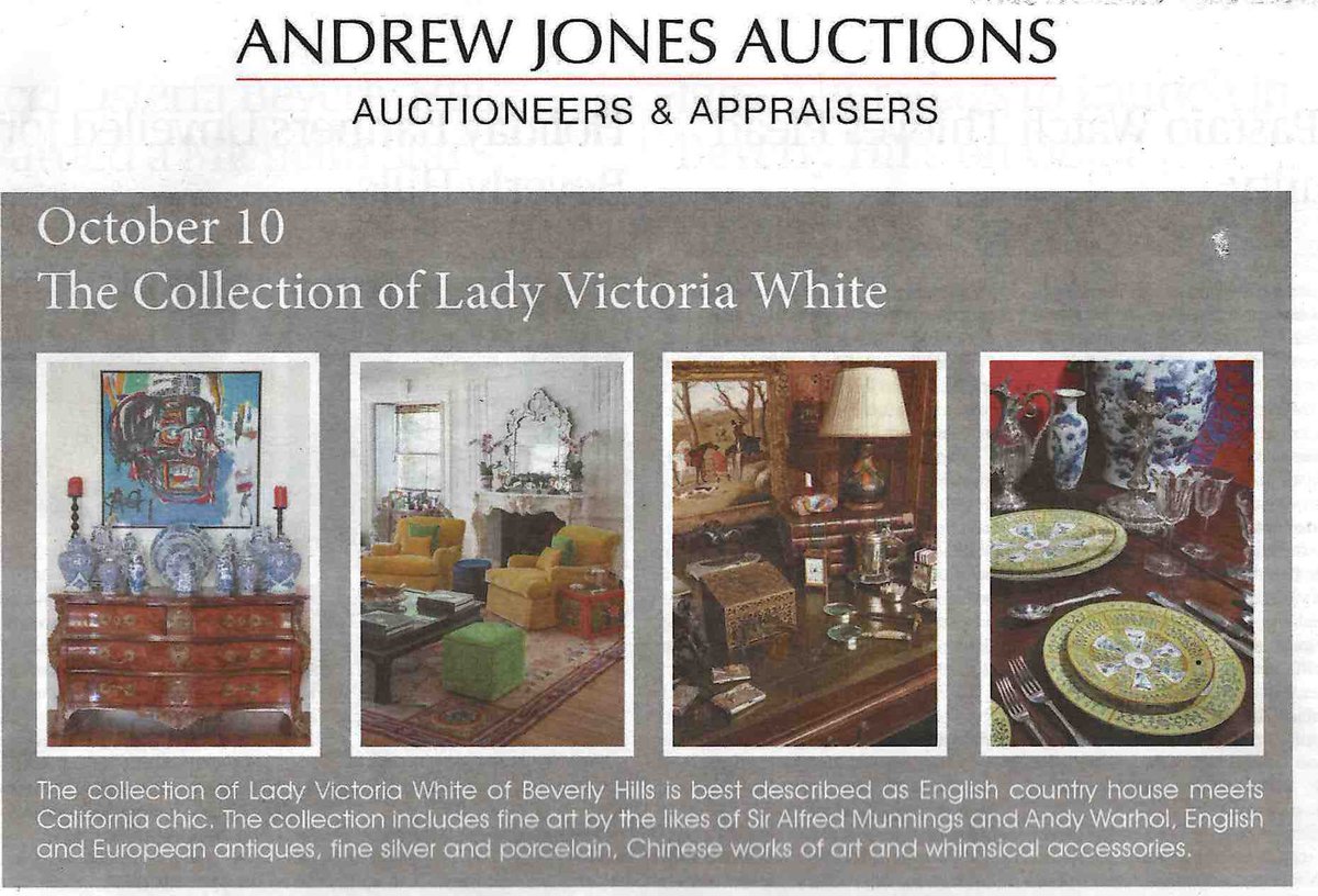 AuctionsJones's tweet photo. We are so excited about our two big auctions coming up fast! On Sunday, Oct. 10 we present "The Collection of Lady Victoria White" and on Sunday, Oct. 24th we present "The John Nelson Collection" Part One. The Beverly Hills Courier Newspaper is helping us promote both events! https://t.co/tLt1mg2yxZ