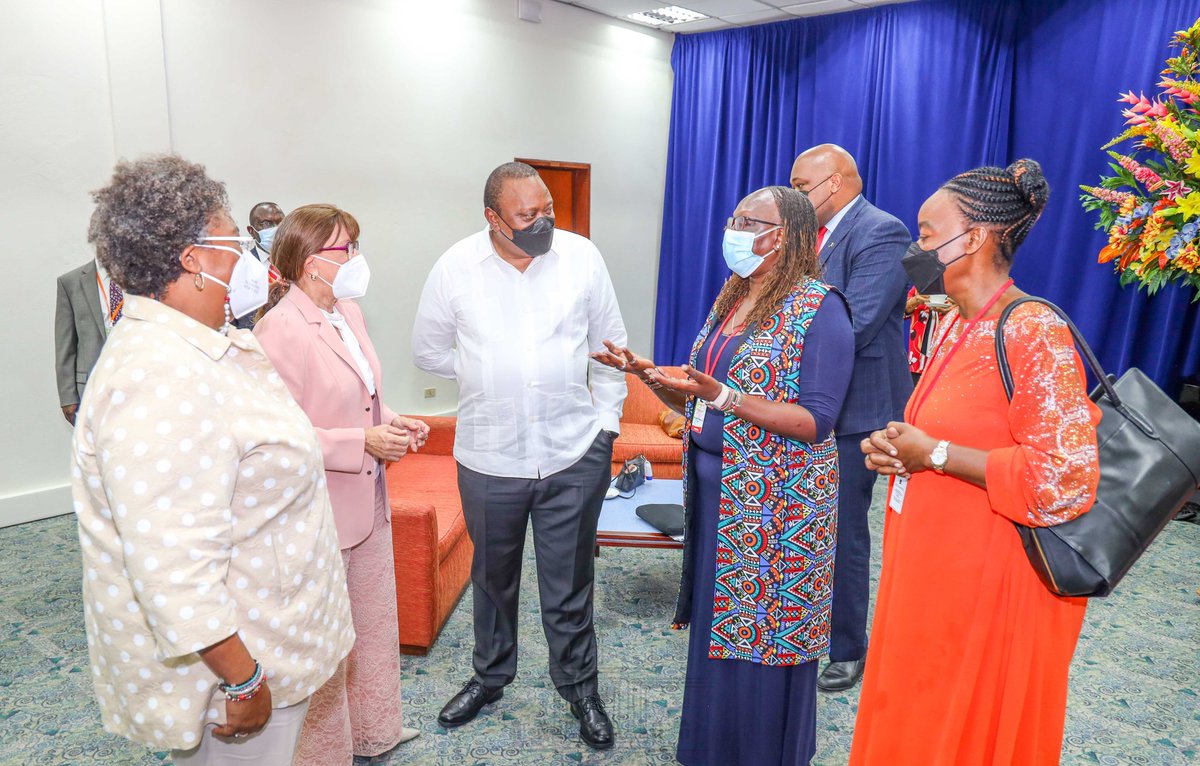 President Uhuru Kenyatta hands over the chairmanship of United Nations Conference on Trade and Development (UNCTAD) to Prime Minister of Barbados @miaamormottley during the 15th Session of UNCTAD taking place in Bridgetown, Barbados.  #ProsperityForAll #UNCTAD15