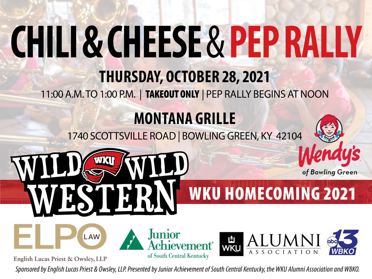 Chili and Cheese is BACK! Join us October 28th at Montana Grille. Order tickets before October 26 at bit.ly/3DhBdhM. @ELPOLaw @wbkotv @BGWendys @WKUAlumni @MontanaGrille .