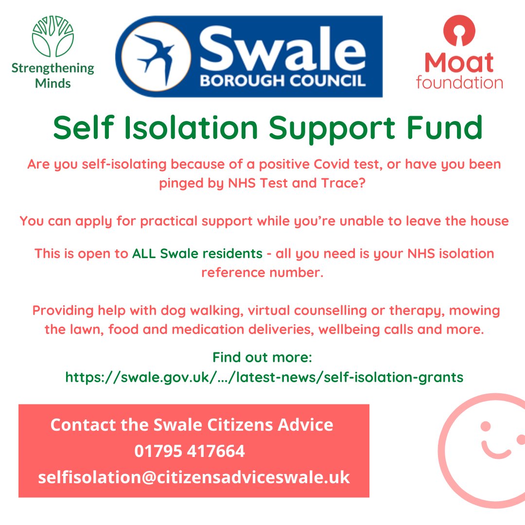 The Swale Isolation Support Fund is available to all Swale residents who are isolating and unable to access essentials.
Strengthening Minds will be working with <a href="/FFOKent/">Friendly Faces of Kent</a> to deliver wellbeing support 
swale.gov.uk/.../latest-new…
<a href="/moathomes/">Moat</a> <a href="/MoatFoundation/">Moat Foundation</a> @CABinSwale