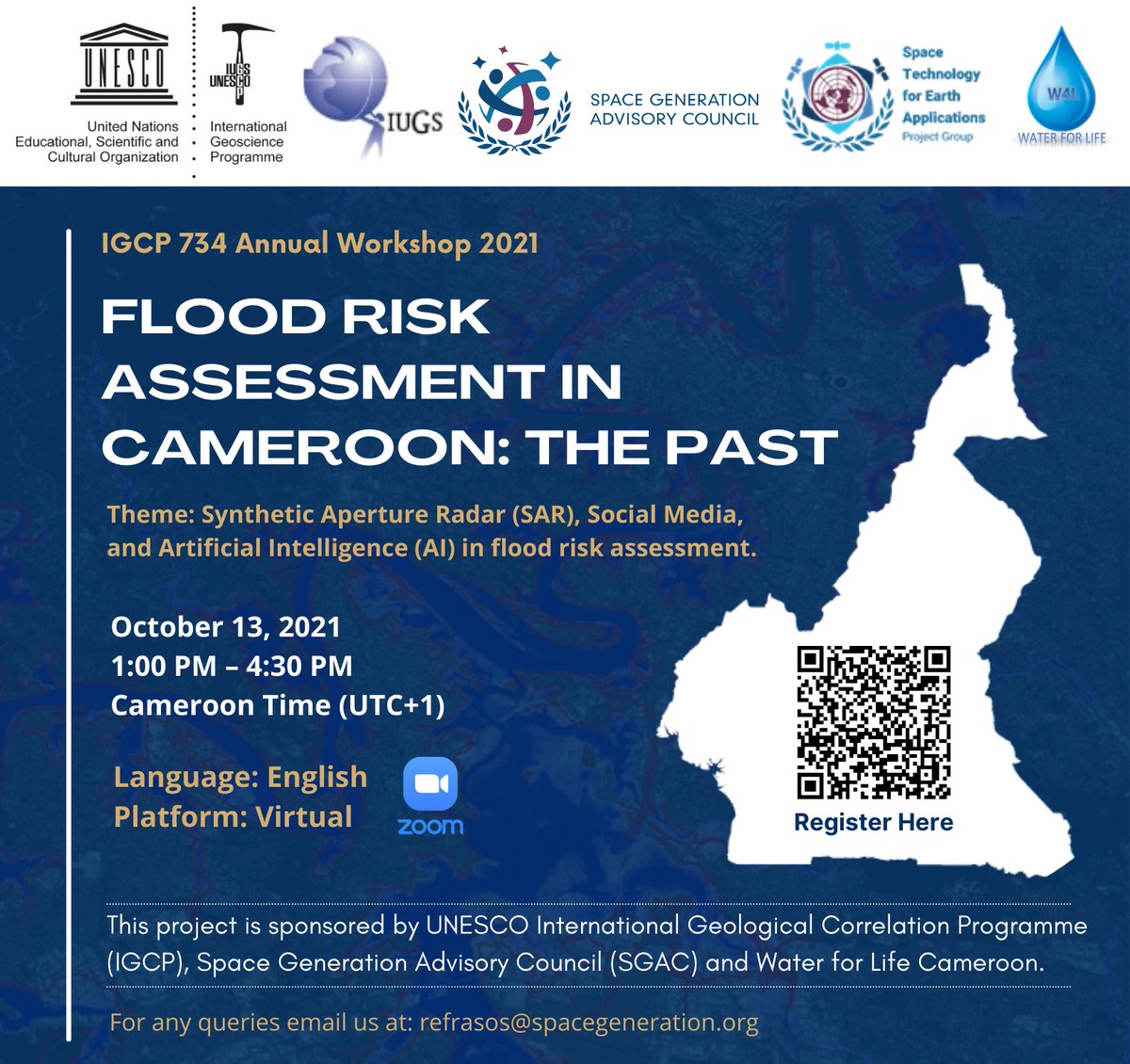 SGAC's tweet photo. Registrations for the first workshop on Artificial Intelligence and Space technology for real-time flood risk assessment on October 13th, 2021 are now open! Check it out https://t.co/xy7o8H4sCd
#REFRA-SOS #Flood #Africa #SpaceTech #AI #SDG #Cameroon #UNESCO #IGCP #SGAC #STEA #W4L https://t.co/CADU0HgiMu