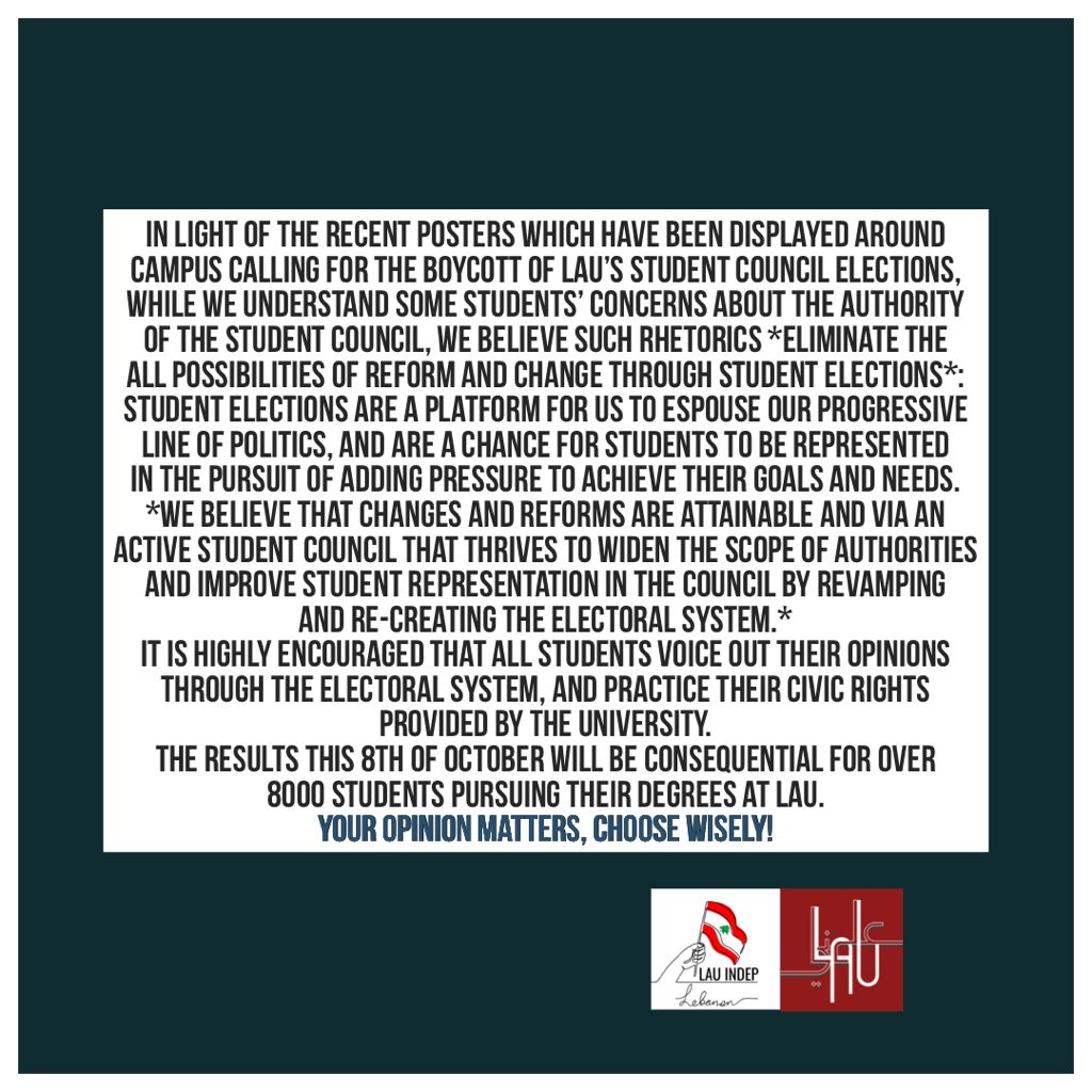 Lau_secular's tweet photo. LAU Secular Club and LAU Independent's joint statement regarding calls to boycott elections https://t.co/spH1QPdhVi
