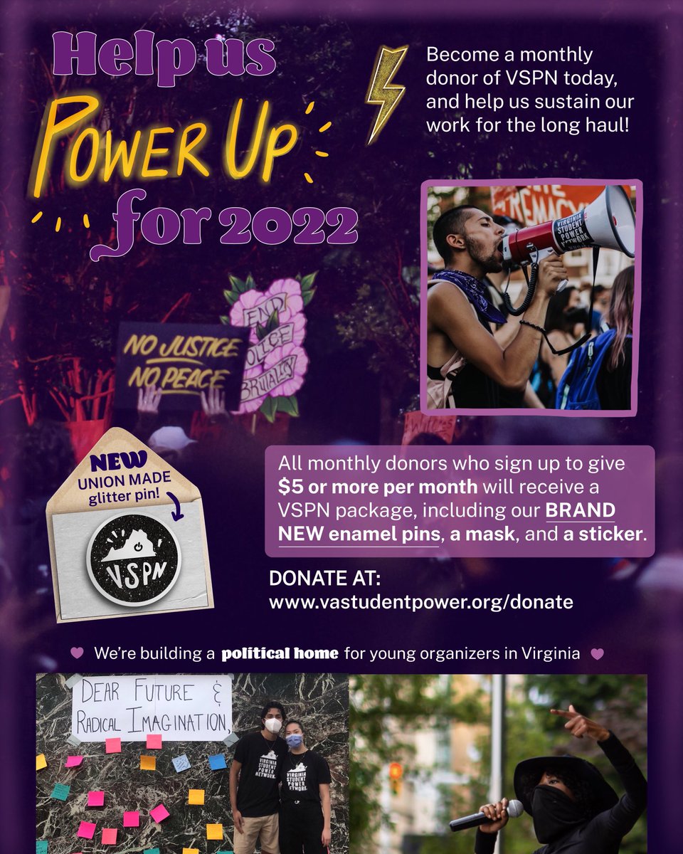 VAstudentpower's tweet photo. Help us ⚡️POWER UP ⚡️for 2022!

Become a monthly donor of VSPN today, and help us sustain our work for the long haul! 

https://t.co/97LoW5FIih https://t.co/hUi5Pu0ZUY
