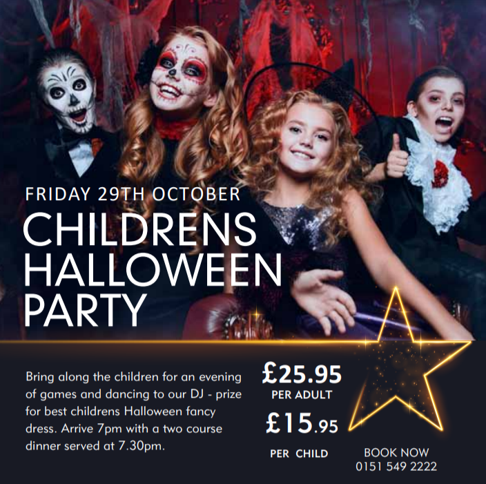 Halloween Family Fun Night - Friday 29th October
👻 2 course dinner
🎃 Spooky games and dancing to our DJ
🍬 Prize for best children’s fancy dress
🧛🏻 £25.95 per adult | £15.95 per child
📲 0151-549-2222 to reserve your booking