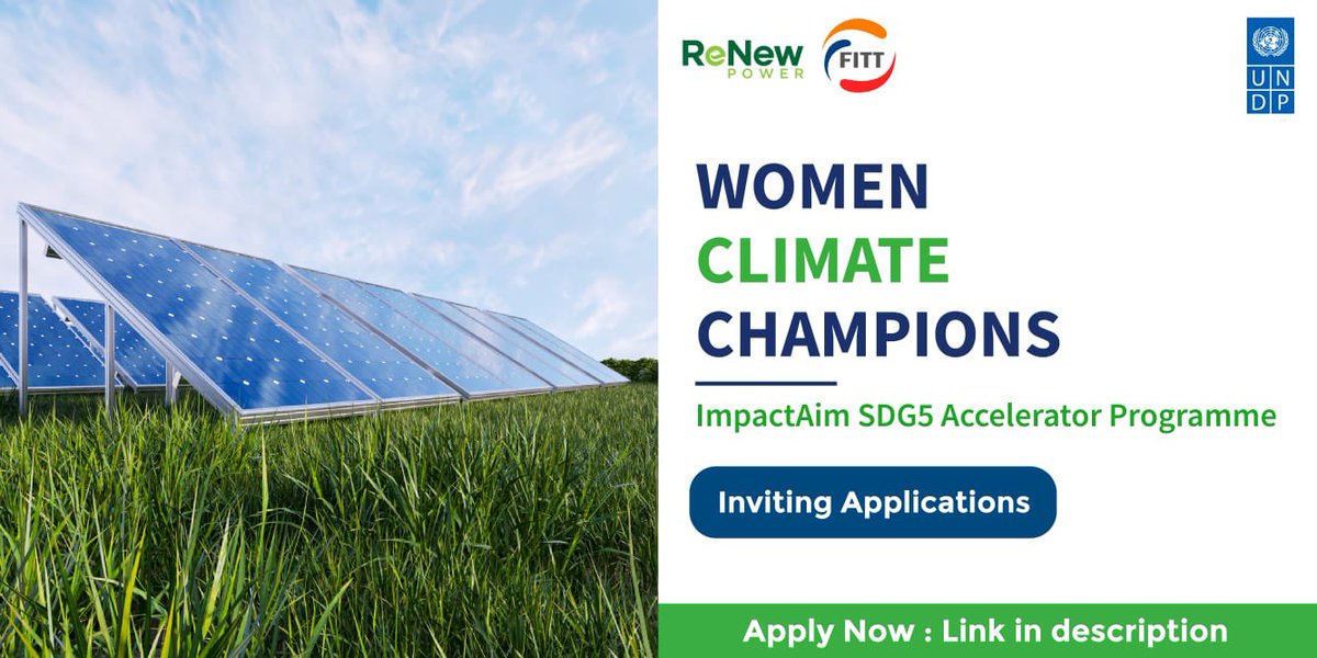 shokonoda's tweet photo. 📢 Calling women entrepreneurs with innovative #ClimateAction solutions 💡 to #BuildForwardGreener.
If you are a woman entrepreneur working to build a more sustainable 🌎, apply to @ReNew_Power, @fitt_iitd & @UNDP 's Accelerator Programme.
Apply: https://t.co/MaHKcKLoko https://t.co/m9uYZQ51n9