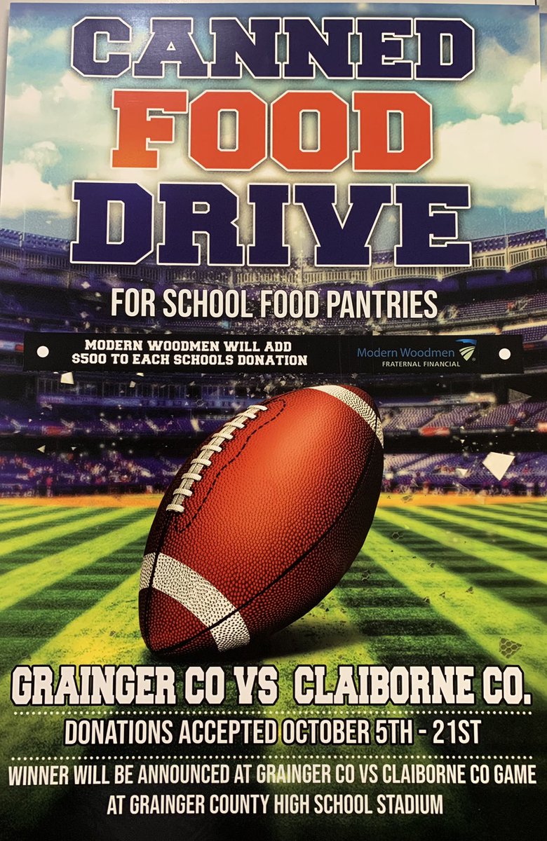 We’re up and running! The 1st annual <a href="/GraingerFtball/">Grainger Football</a> vs. @ClaiborneDawgs canned food drive in support of school food pantries is underway. Donate canned food items at each school. The winner will be announced on October 22nd. <a href="/Coach_ChadTate/">Chad Tate</a> <a href="/CoachMedlin/">Nathan Medlin</a>