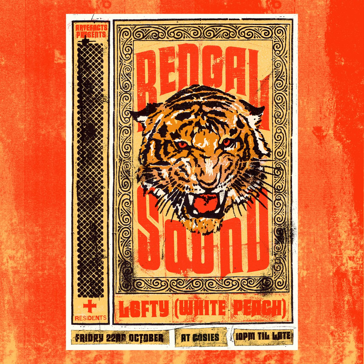 JoshHughesGames's tweet photo. New artwork for @bengalsound X Artefacts Bristol🐅 

I love working back into these artworks and exploring them again for this design I ran the original artworks through the Risograph and distressed the prints before re-running them with new type. https://t.co/9l8myb8Fmu