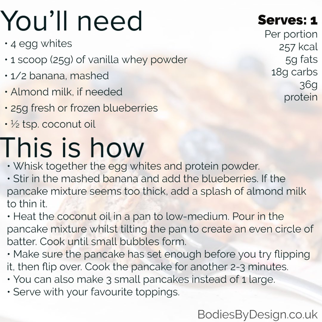 BodiesBy_Design's tweet photo. #Tuesdaytreat! These pancakes are a must have, especially if you're trying to add some muscle or to help your recovery after a workout. They pack a huge 36g of protein per serving, and are ready to eat in just 15 minutes. Top with blueberries 💪
#weightloss #diet #nutrition https://t.co/AvtB6t6hCZ