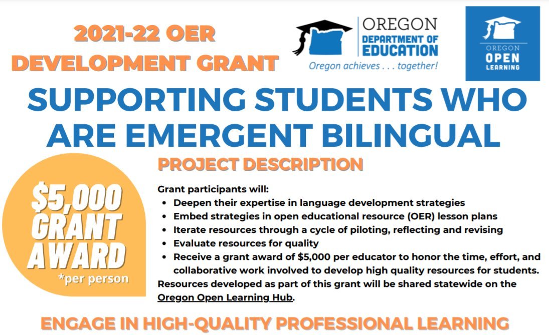 ORDeptEd's tweet photo. The #OregonOpenLearning team has a new grant opportunity for educators. More information and the grant application can be found on ODE’s OER Grant & Professional Learning Opportunities webpage: https://t.co/VLqhSdFpax https://t.co/6OQOcgG8kX