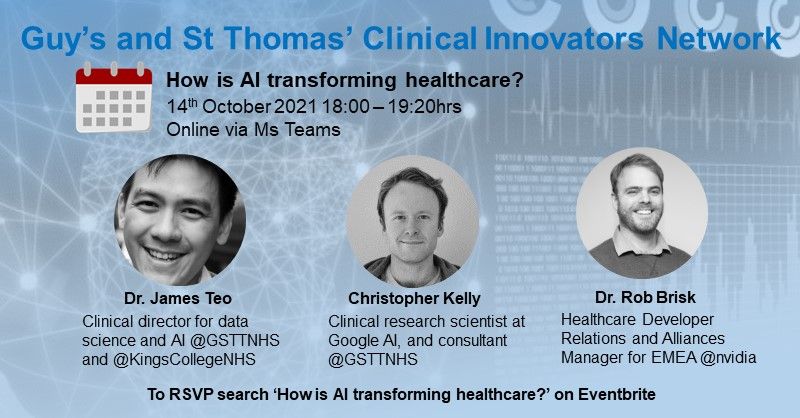 Join colleagues from <a href="/GSTTnhs/">Guy's and St Thomas'</a> Clinical Innovators Network &amp; @docbrisky <a href="/chrisck/">Chris Kelly</a> <a href="/jthteo/">Prof James Teo</a> to learn more about the current &amp; future value of #ArtificialIntelligence in transforming healthcare. RSVP: buff.ly/2WISmS9
📅 14th Oct 2021
🕑 18:00 - 19:20hrs
📍 Online
