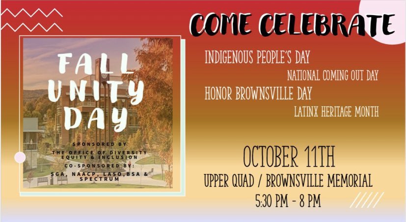FsuSpectrum's tweet image. Please join us for Frostburg’s first Fall Unity Day! Unity Day is here to commemorate National Coming Out Day, Indigenous People’s Day, Honor Brownsville Day &amp;amp; Latinx Heritage Month! Come hang out, have some fun, and learn some important history! Oct 11 @ 5:30 PM 🏳️‍🌈🤍🏳️‍⚧️