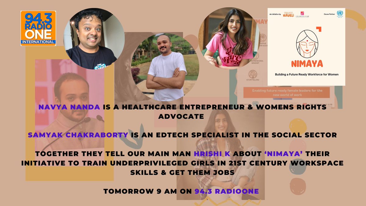 HrishiKay's tweet photo. Identifying high potential girls from low income communities &amp; training them in problem solving, negotiation, collaboration, storytelling, critical thinking &amp; entrepreneurship @navyaN_nanda &amp; @samyakc launch #Nimaya with @UN as the cause partner. Theyre onair with me 9 am tmrw📻 https://t.co/KbyckG8YOr