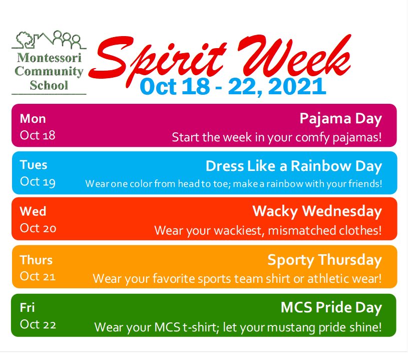 MCSDurham's tweet image. We’re gearing up for Spirit Week! Oct. 18-22 is going to be full of fun. Start your plans!! #MCSSpirit #MCSDurham #MCSPTO