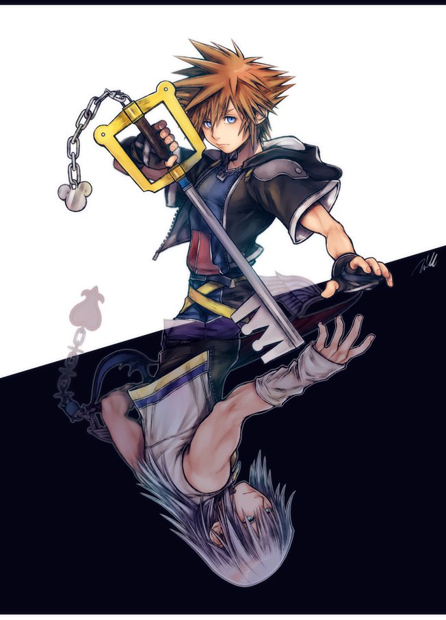 sora (kingdom hearts) 1boy male focus blue eyes solo gloves brown hair spiked hair  illustration images