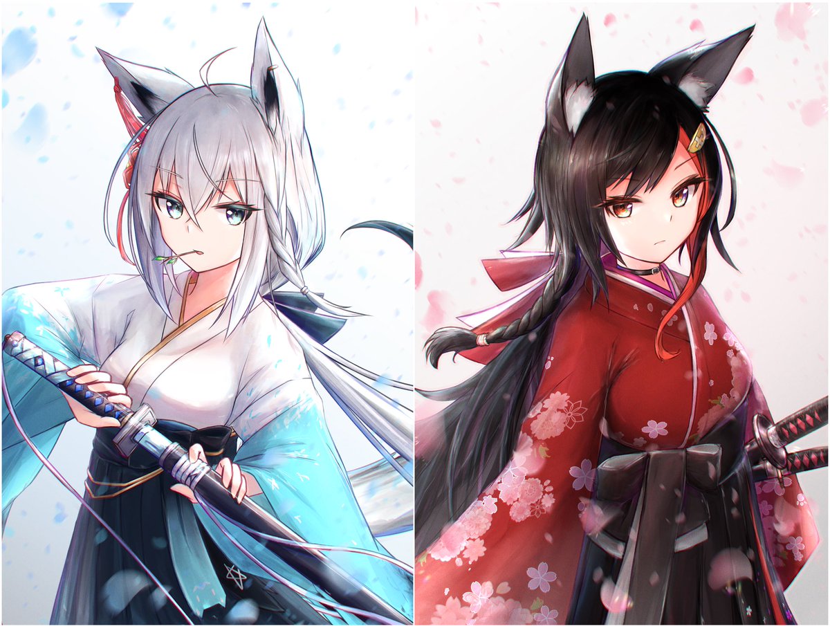 ookami mio ,shirakami fubuki animal ears 2girls multiple girls weapon sword japanese clothes wolf ears  illustration images