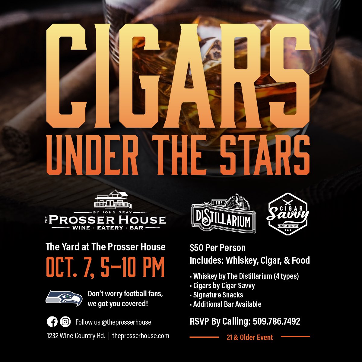 Join us for an evening featuring #whiskey from @thedistillarium & a variety of great sticks from @cigar_savvy

We will be ready to start at kick off for the @seahawks game at 5pm and we will televise the game in the Yard. 
#CigarsUnderTheStars