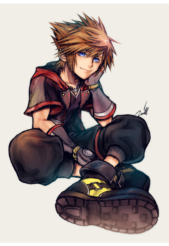 sora (kingdom hearts) 1boy male focus blue eyes solo gloves brown hair spiked hair  illustration images