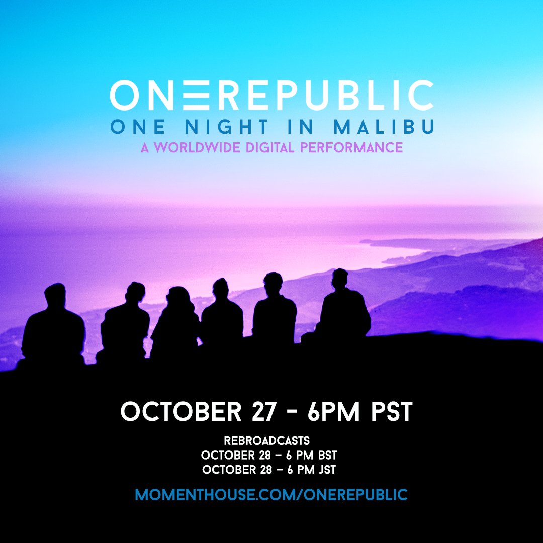 OneRepublic's tweet photo. Tickets for our global digital @momenthouse performance One Night In Malibu are on sale now! Join us on October 27th as we celebrate the release of Human with a golden hour performance at a very special location on the California coast. https://t.co/TVPJCAeDiA https://t.co/T5yEi1fUu5