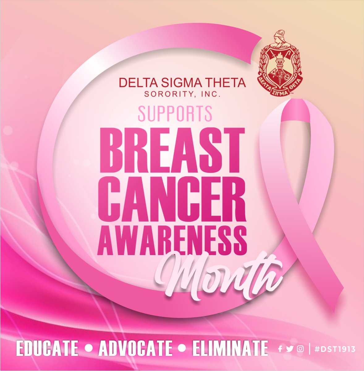 Delta Sigma Theta Sorority, Inc. encourages everyone to prioritize breast health in honor of Breast Cancer Awareness Month. 1 in 8 women will be diagnosed. Perform routine monthly exams, schedule annual mammograms. Educate. Advocate. Eliminate.
#BreastCancerAwareness #DST1913