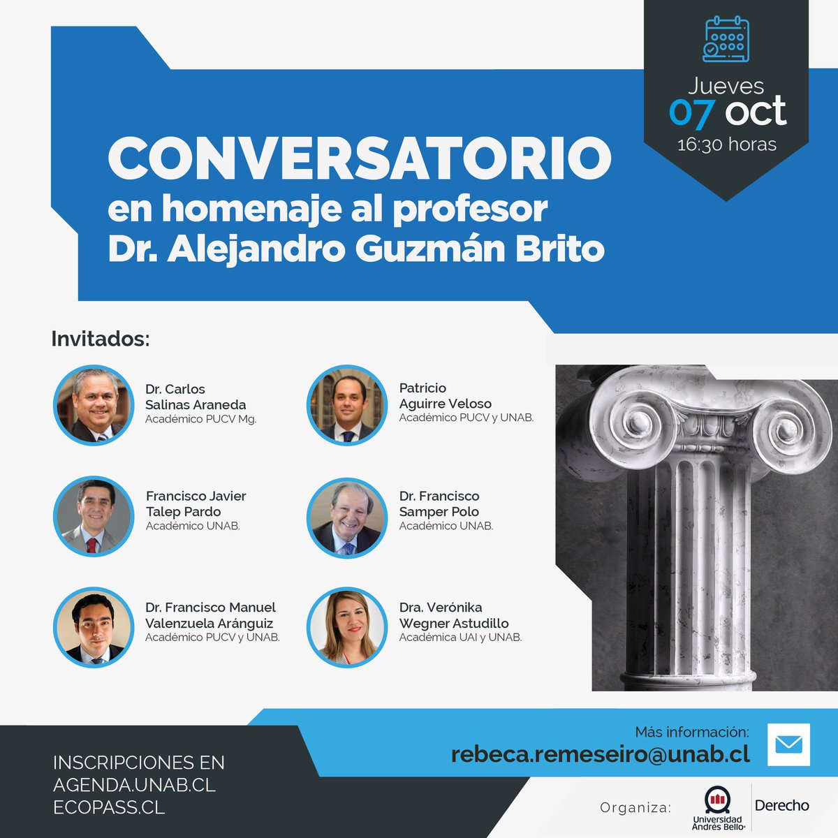 El jueves 7 a las 16.30 tendrá lugar un conversatorio homenaje al profesor Dr.Alejandro Guzmán. Están cordialmente invitados. 
#conversatorio #DerechoUNAB