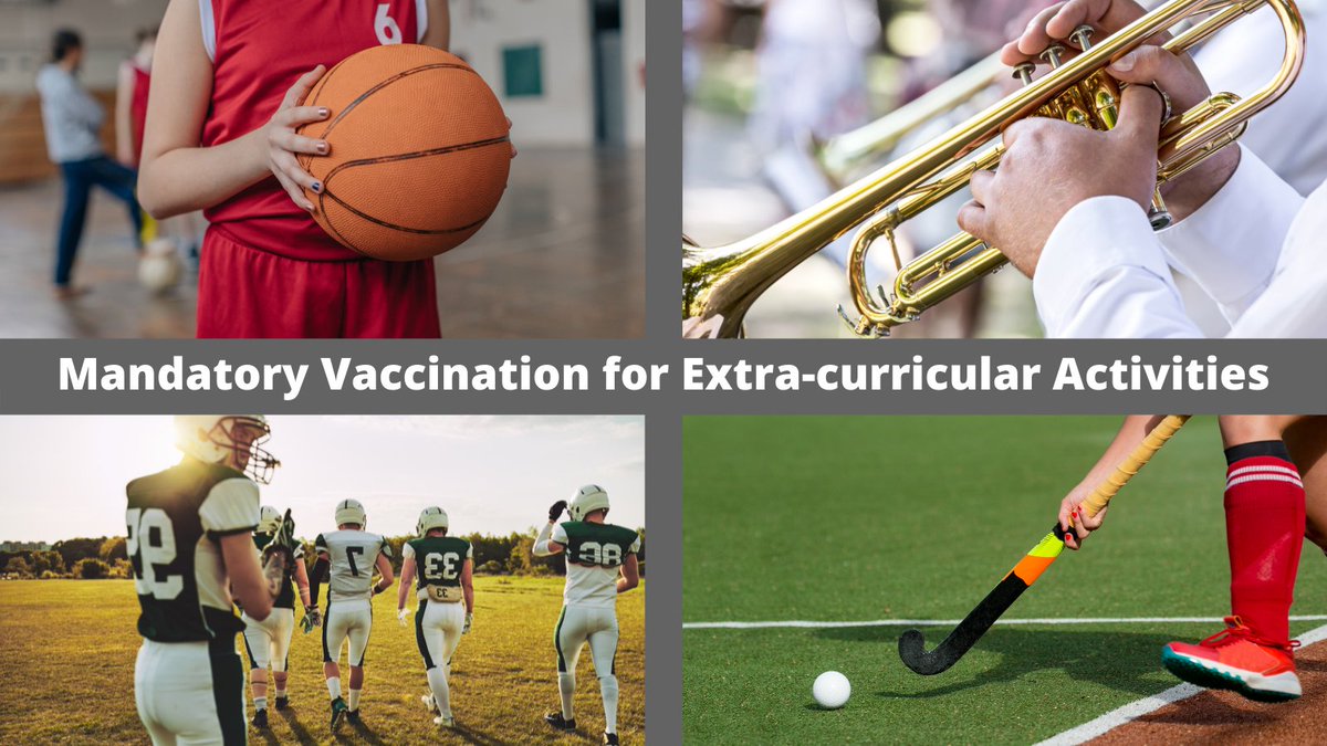 Effective immediately, all eligible participants (born 2009 &amp; earlier) in all inter-school sports and some high-risk extra-curriculars must be fully vaccinated. Unvaccinated participants and those with approved exemptions will test weekly. Please read more bit.ly/3FiIBLL