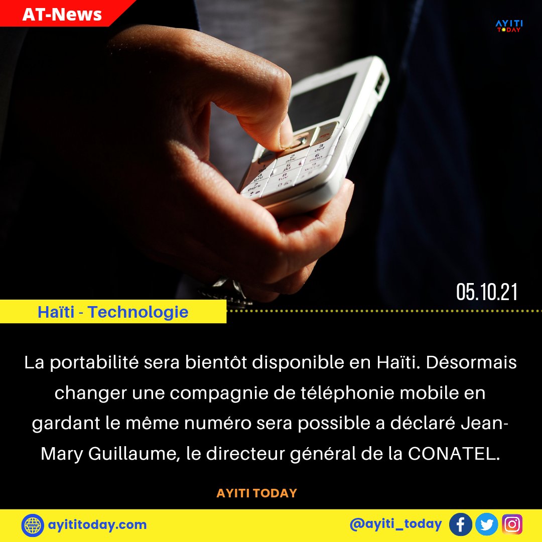 ayiti_today's tweet photo. 🔵🔴 Flash 🔊|Haïti-Technologie| - La portabilité sera bientôt disponible en Haïti. #Haiti #Portability #news #Conatel #Technologie https://t.co/pCvj8o5QMU