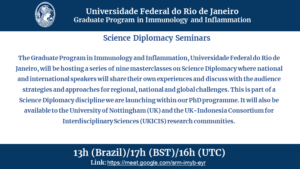 guta1610's tweet photo. 📢Oct 7th (Thu) 1300(BR) 1700(BST) 1600 (UTC)
It's been a pleasure working with my dear @ufrj  friends on their 1st #ScienceDiplomacy Seminar Series, featuring @iserrapilheira's  @AguilaniuLab  @OficialEMBRAPII @almastajawan @bagus_muljadi &amp; other amazing Science Diplomats! https://t.co/xOwpU2YM3A