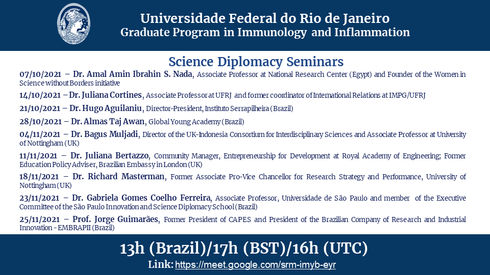guta1610's tweet photo. 📢Oct 7th (Thu) 1300(BR) 1700(BST) 1600 (UTC)
It's been a pleasure working with my dear @ufrj  friends on their 1st #ScienceDiplomacy Seminar Series, featuring @iserrapilheira's  @AguilaniuLab  @OficialEMBRAPII @almastajawan @bagus_muljadi &amp; other amazing Science Diplomats! https://t.co/xOwpU2YM3A