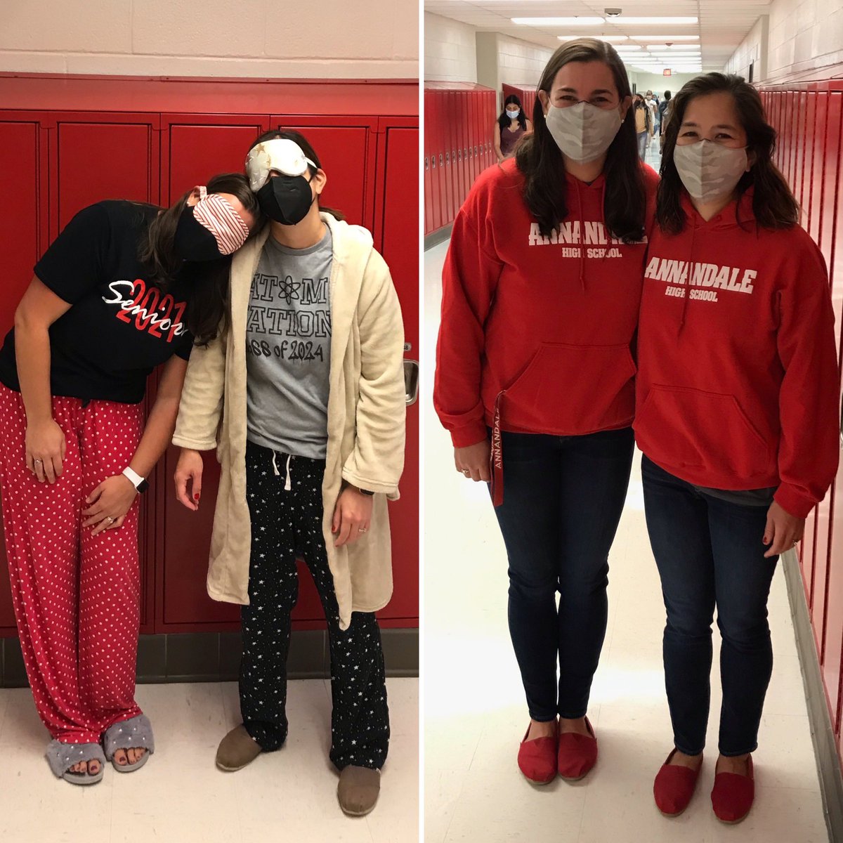 MrsKapSays's tweet photo. Two tired teachers #twinning for #AtomNation spirit week! #PJday #TwinDay #alliteration #AtomPride @AnnandaleAtoms @AtomicTeacha @AtomsLeadership https://t.co/TsfcGIZI1A