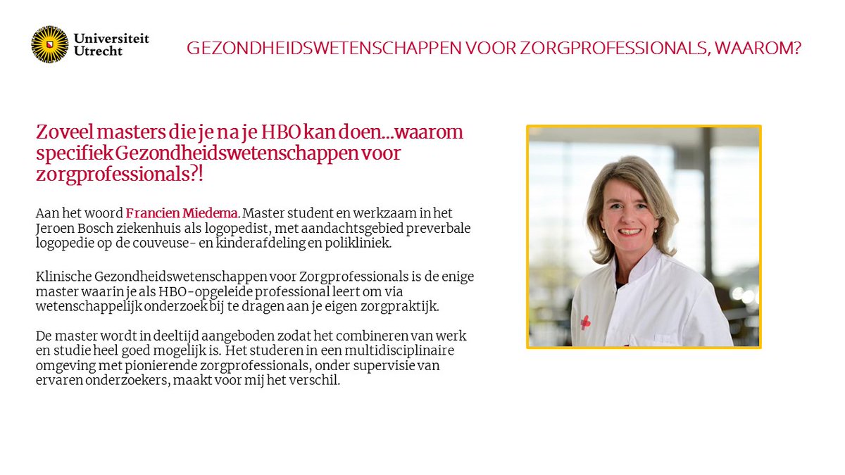 UU_KGW's tweet photo. Francien ontvangt binnenkort haar diploma! Ben jij benieuwd of deze master ook wat voor jou is? Bezoek onze Master's Open Day op 13 oktober en schrijf je snel in https://t.co/rFIgw9FXTF
Wist je dat deze master open staat voor alle HBO zorgprofessionals?
#uu_kgw #masteryourfuture https://t.co/yIVCEjkKeO