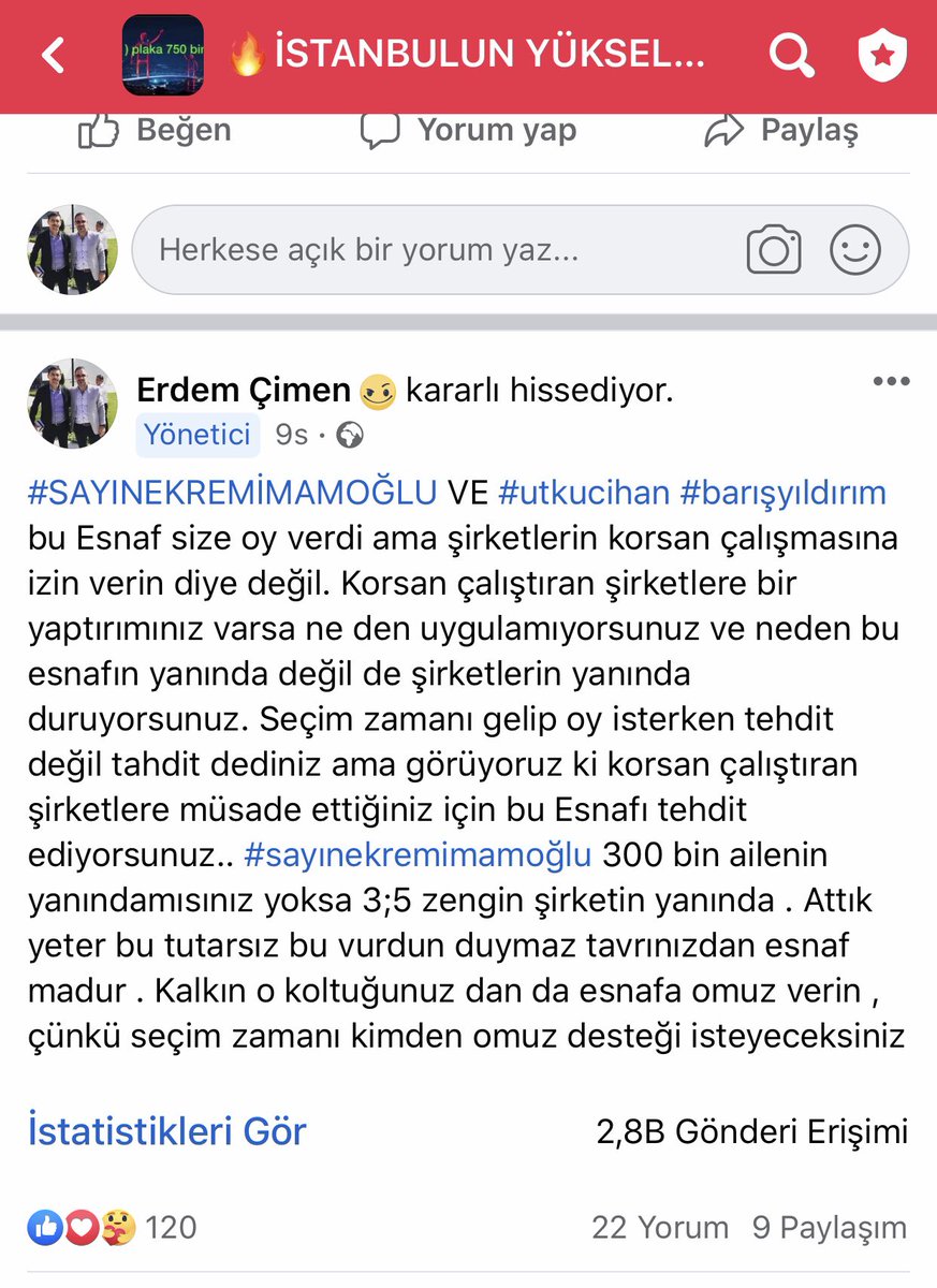 istanbulunykse1's tweet photo. #SAYINEKREMİMAMOĞLU VE #utkucihan #barışyıldırım bu Esnaf size oy verdi ama şirketlerin korsan çalışmasına izin verin diye değil. Korsan çalıştıran şirketlere bir yaptırımınız varsa ne den uygulamıyorsunuz ve neden bu esnafın yanında değil de şirketlerin yanında duruyorsunuz. https://t.co/iOTRDoaNQV